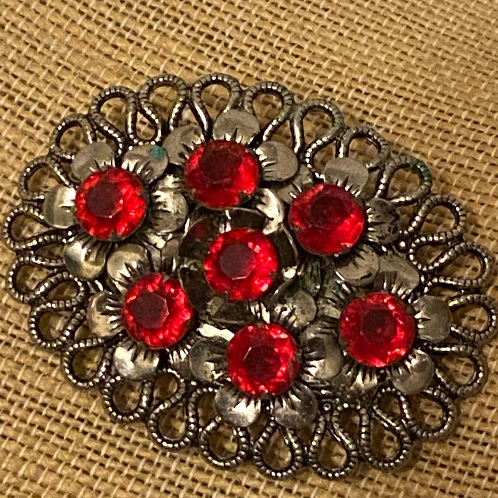 Vintage Silver Brooch with Red Gemstones